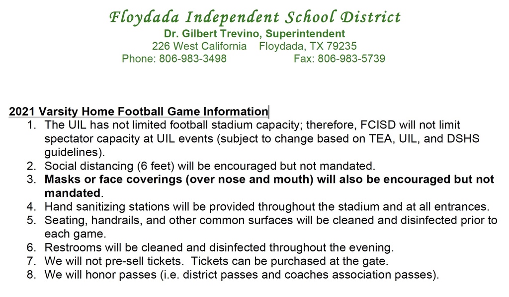 2021 Varsity Home Football Game Information
